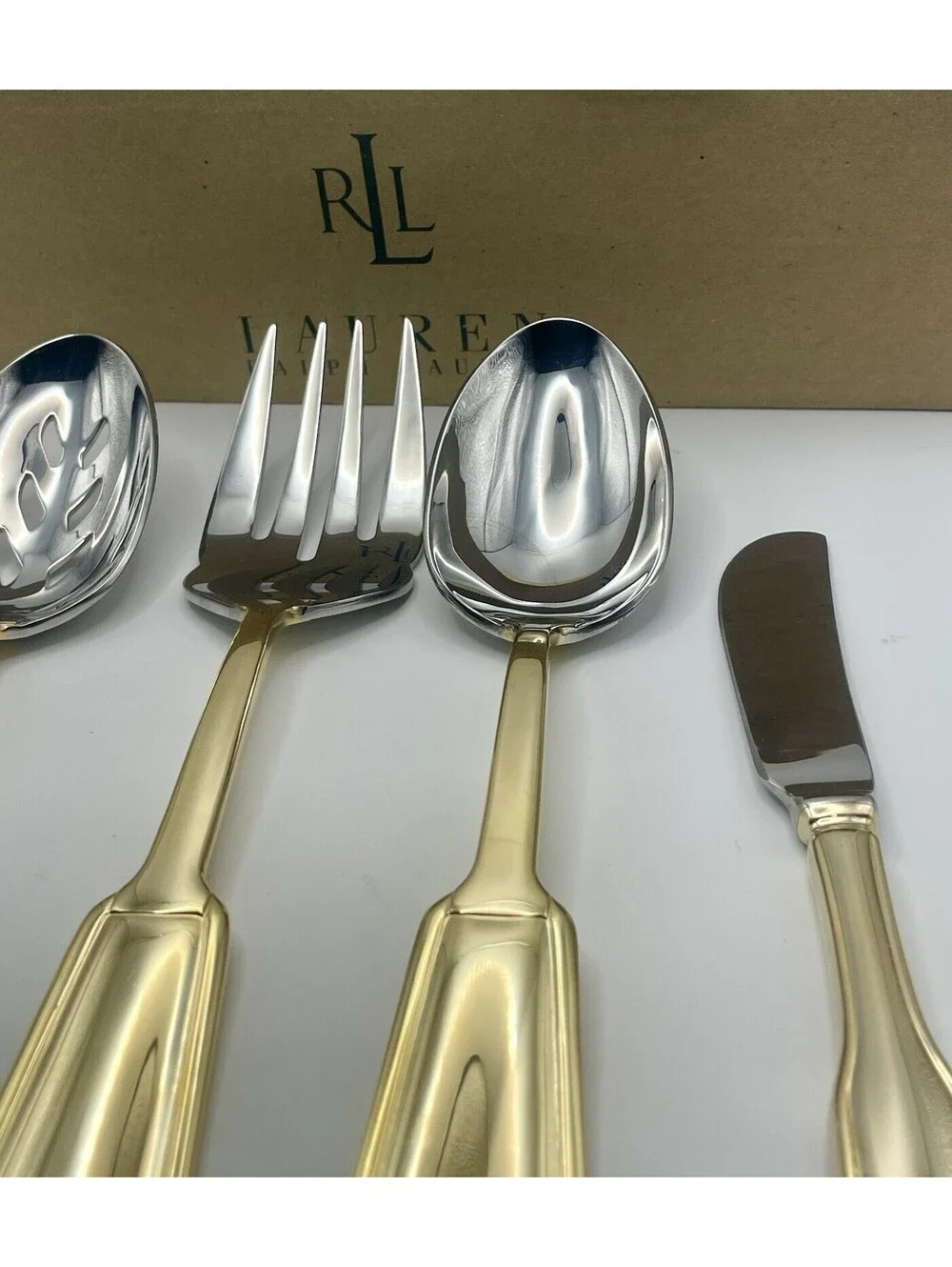(1) Ralph Lauren PELHAM GOLD 5 Pc Hostess Set 18/10 Stainless China